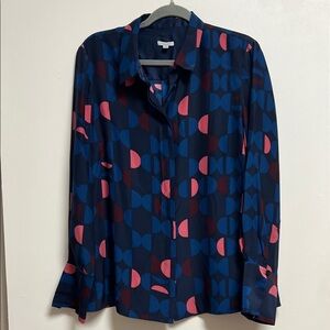 Navy Pink Burgundy Geometric Circle Moon Print Silk Button Up Top Blouse Large